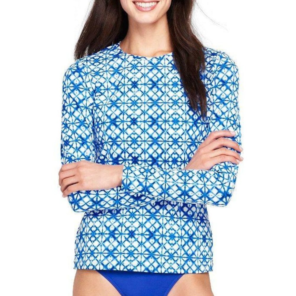Lands End L Electric Blue Batik Rash Guard